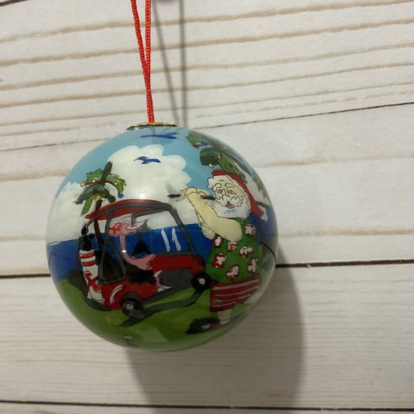 Reverse Inside Painted Glass Art Christmas Ornament & Box Golfing Santa Le Bien - Picture 1 of 2